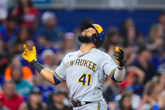 Sep 23, 2023; Miami, Florida, USA; Milwaukee Brewers first baseman Carlos Santana (41) celebrates hitting a three run home run against the Miami Marlins during the sixth inning at loanDepot Park.